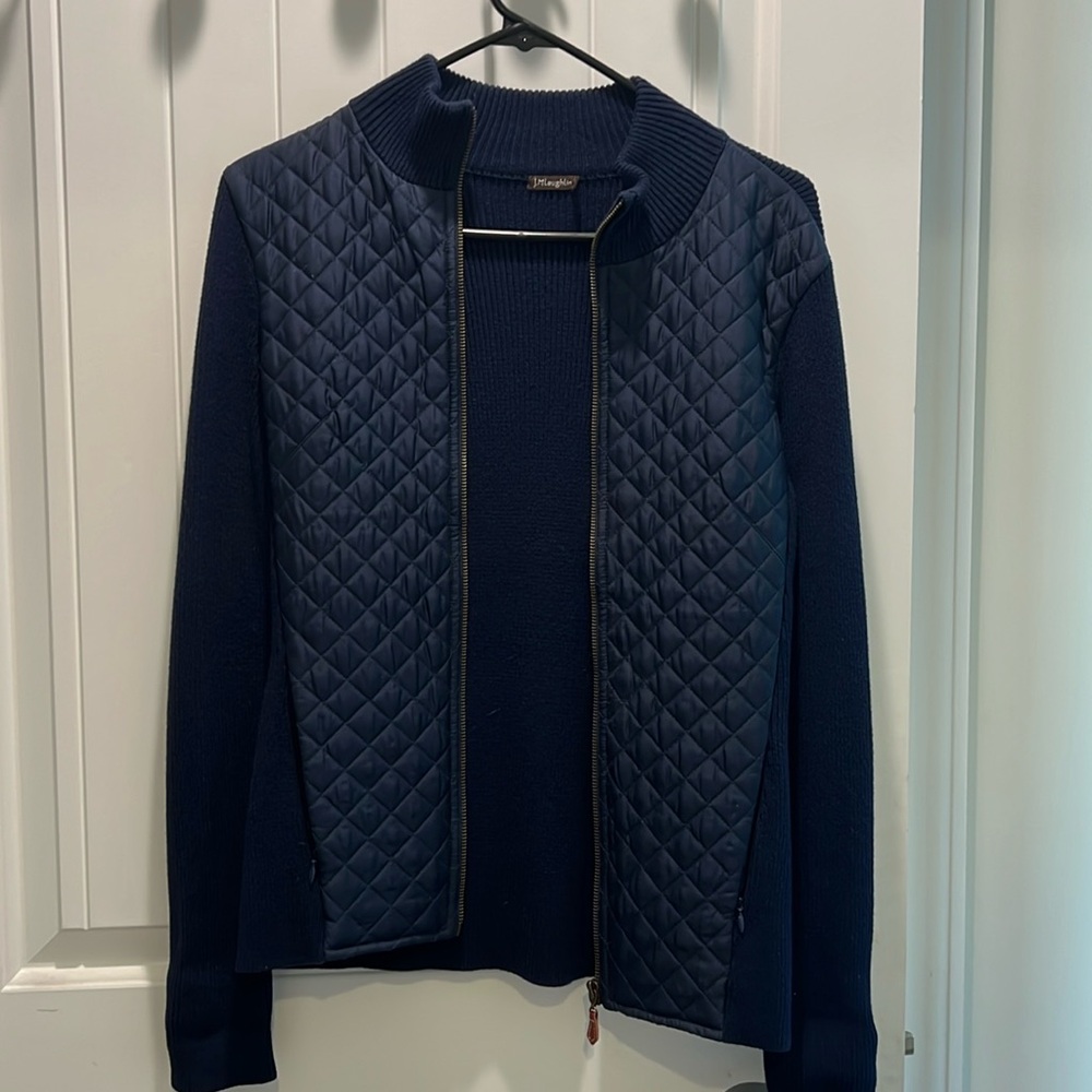 J McLaughlin Silk Quilted Front Full Zip Ribbed Sweater Jacket size XS Navy Blue